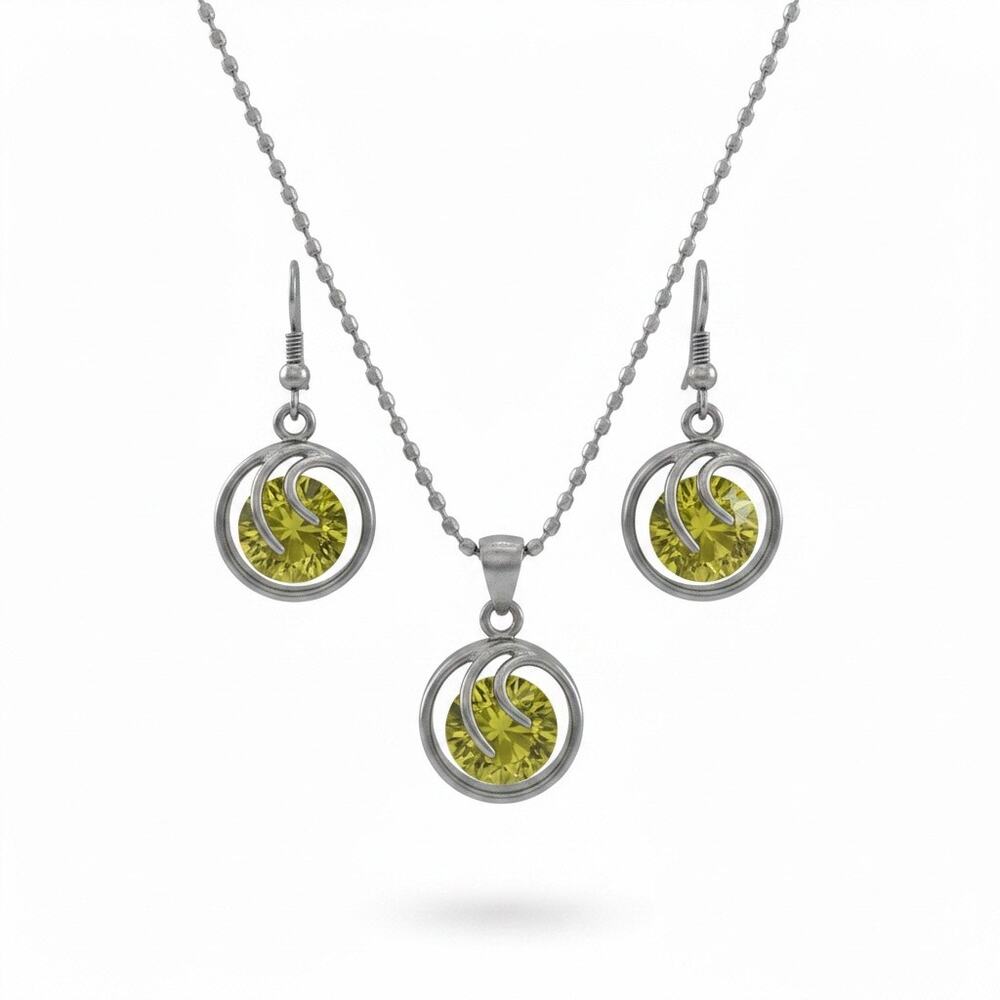 Yellow Crystal Necklace & Earrings Set Silver Tone Jewelry Gift